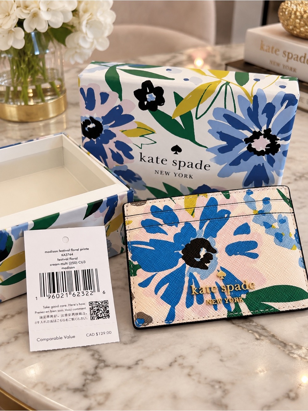 NWT Kate Spade Floral Pink, Blue & Green Cardholder with Gold Logo with box